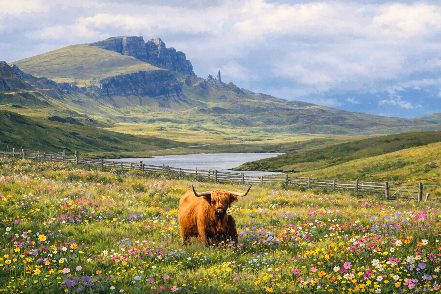 Highland cow in Scottish wildflower meadow