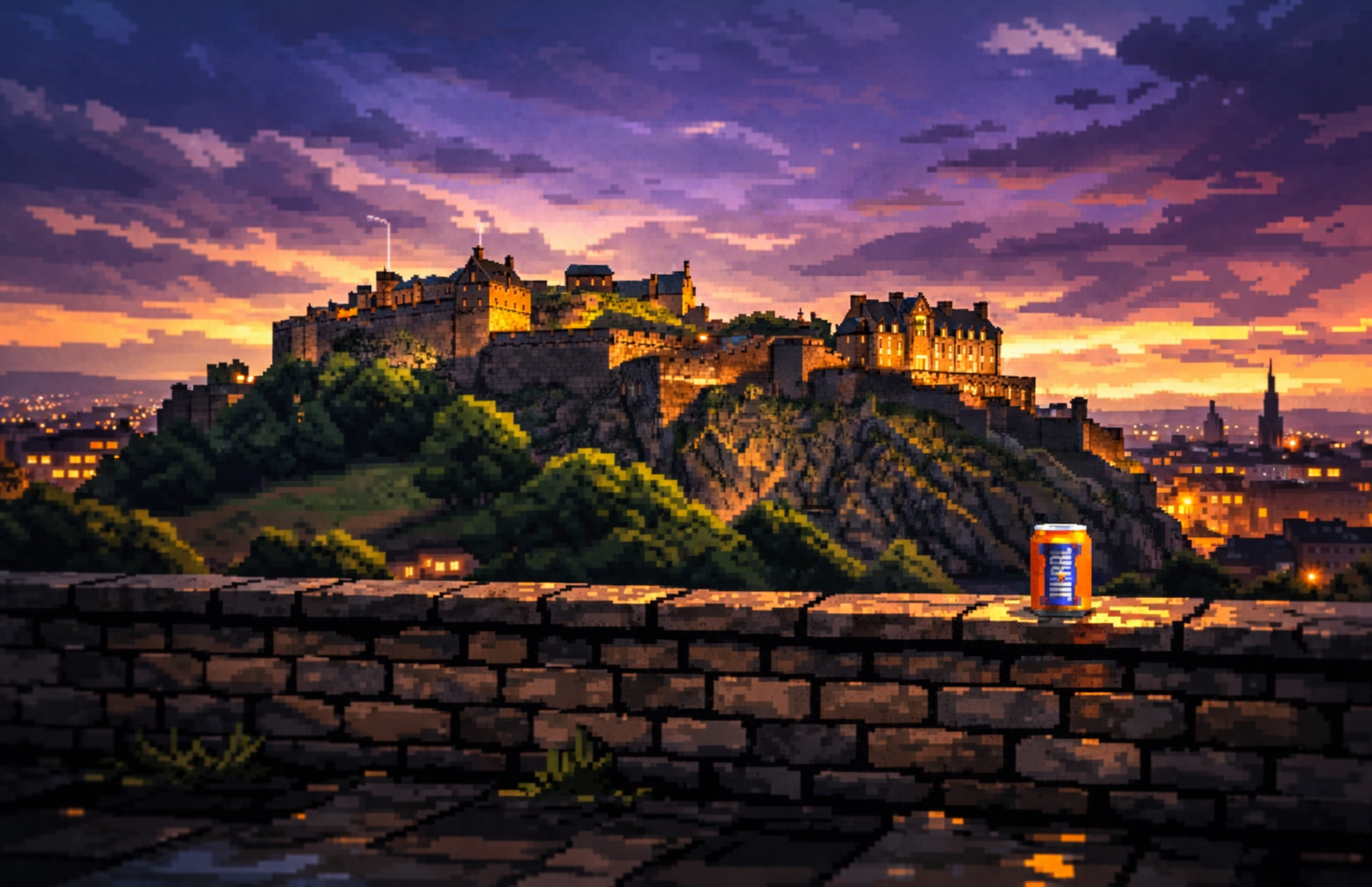 Pixel art Edinburgh Castle at sunset with Irn-Bru