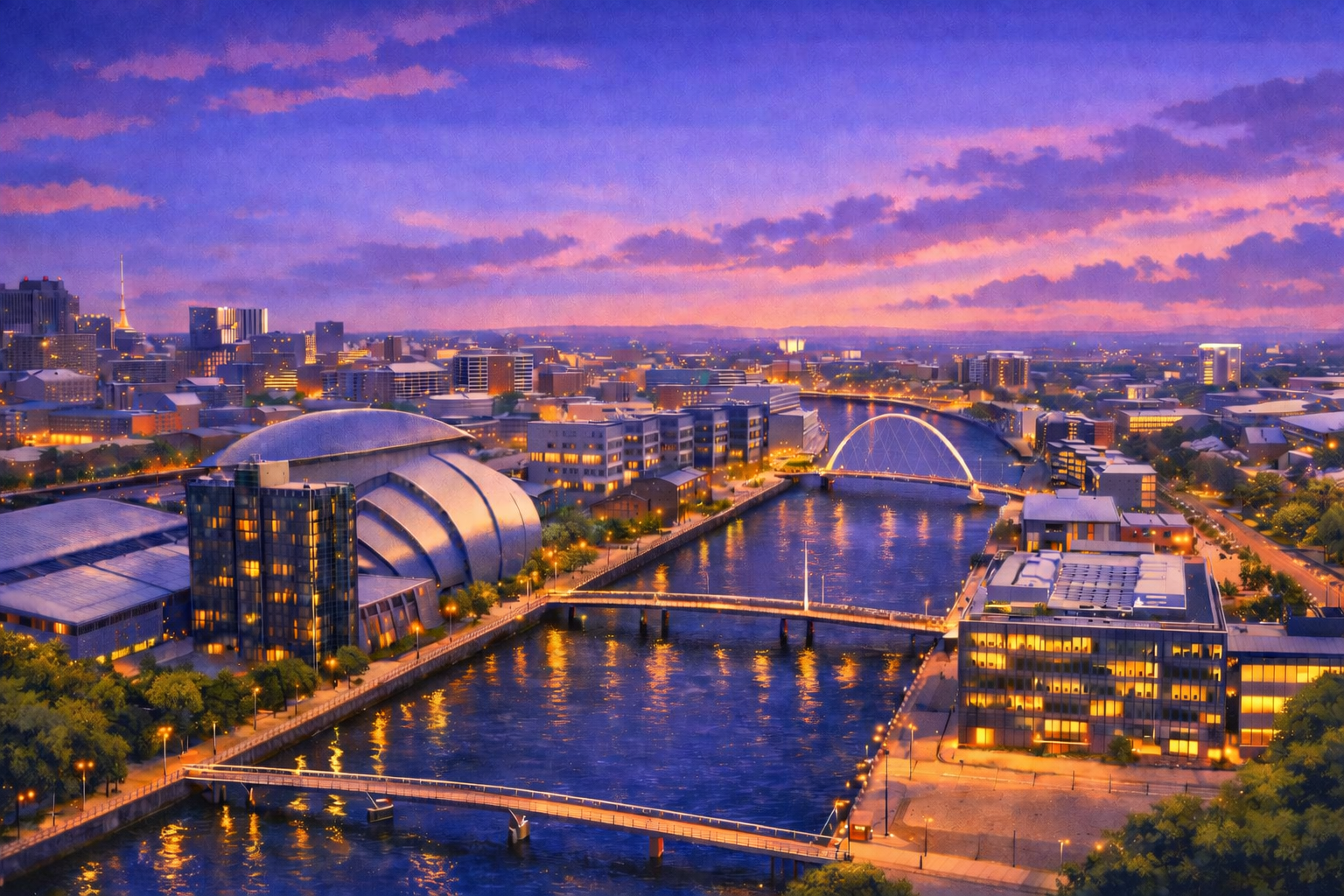 Glasgow cityscape at dusk — the River Clyde, Clyde Arc bridge, and SEC Armadillo lit with warm golden light